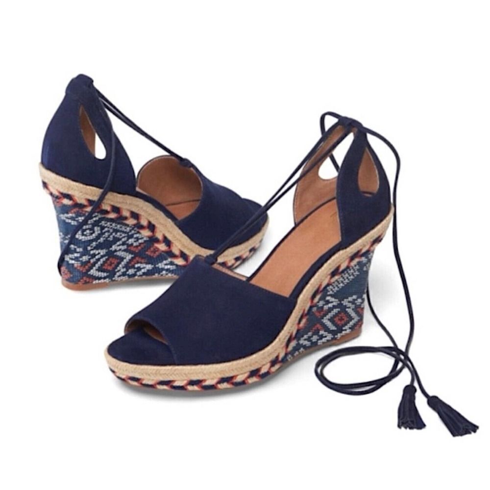CABI boho navy blue Isla leather suede wedge espadrille tassels sandals size 9M